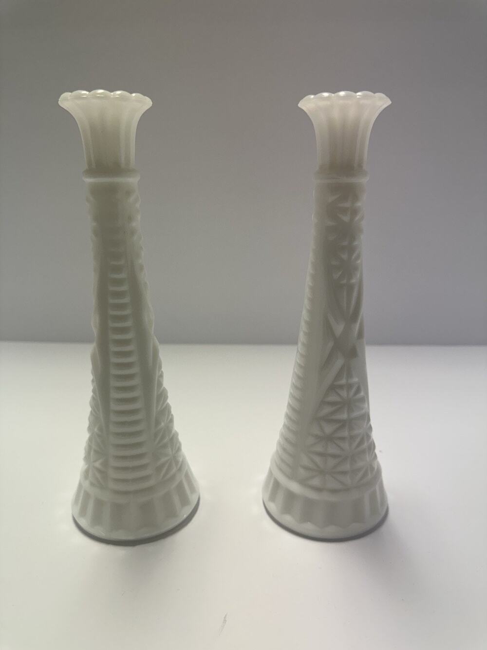 Vintage White Milk Glass Bud Vases Set of 2 Diamond Ribbed Scalloped 9"